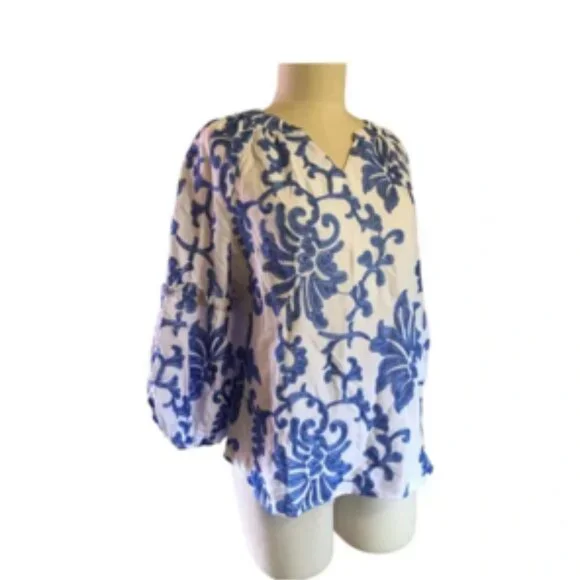 Ruby Rd. Embroidered Blouse Blue & White Chinoiserie Style Casual Dressy Plus 2X - Picture 3 of 11